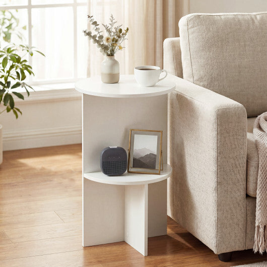 2-Tier Round Side Table with Storage Shelf for Small Space-White W2B