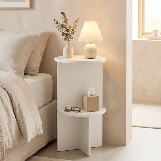 2-Tier Round Side Table with Storage Shelf for Small Space-White W2B