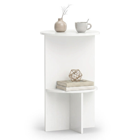 2-Tier Round Side Table with Storage Shelf for Small Space-White W2B
