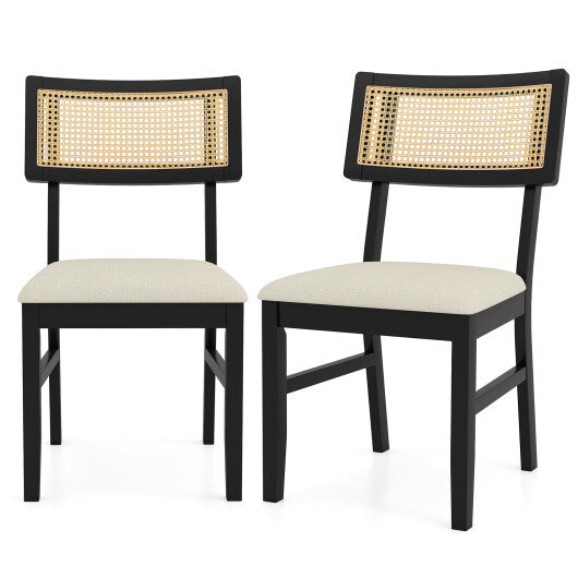 Rattan Dining Chairs Set of 2 Fabric Upholstered Kitchen Chairs with Padded Seat and Rubber Wood Legs-Black W2B