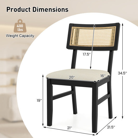 Rattan Dining Chairs Set of 2 Fabric Upholstered Kitchen Chairs with Padded Seat and Rubber Wood Legs-Black W2B