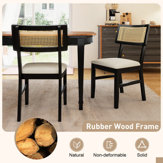Rattan Dining Chairs Set of 2 Fabric Upholstered Kitchen Chairs with Padded Seat and Rubber Wood Legs-Black W2B