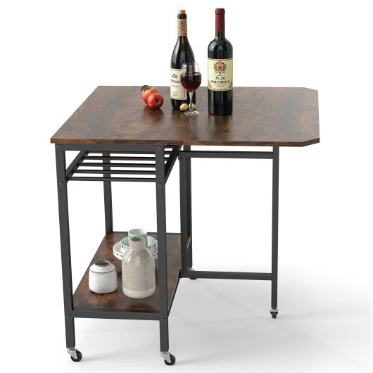 Folding Dining Table with Expandable Laptop with Wine Rack and Wheels-Rustic Brown