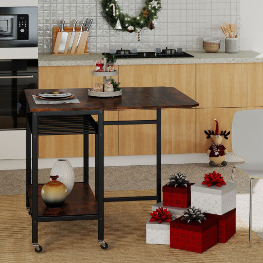 Folding Dining Table with Expandable Laptop with Wine Rack and Wheels-Rustic Brown