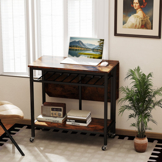 Folding Dining Table with Expandable Laptop with Wine Rack and Wheels-Rustic Brown