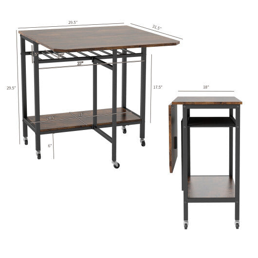 Folding Dining Table with Expandable Laptop with Wine Rack and Wheels-Rustic Brown