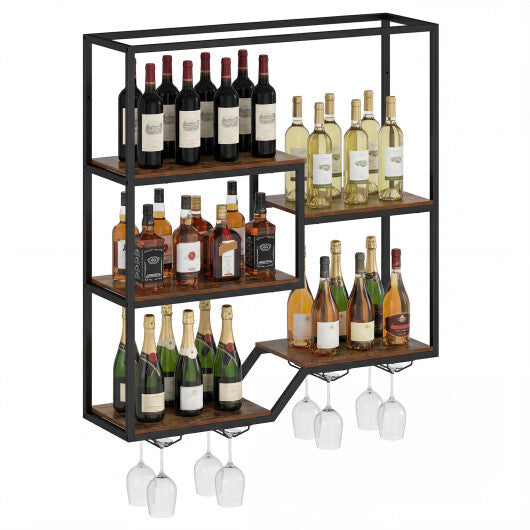 Wall Mounted Wine Rack 6-Tier Hanging Bar Shelf with Bottle Display Shelf and Glass Holder-Rustic Brown W2B