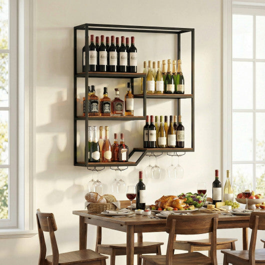 Wall Mounted Wine Rack 6-Tier Hanging Bar Shelf with Bottle Display Shelf and Glass Holder-Rustic Brown W2B