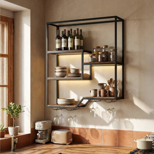 Wall Mounted Wine Rack 6-Tier Hanging Bar Shelf with Bottle Display Shelf and Glass Holder-Rustic Brown W2B