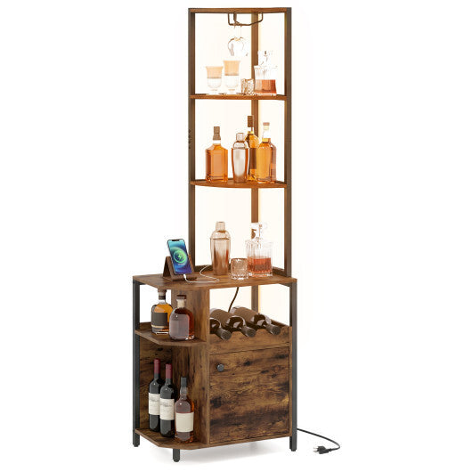 6-Tier Corner Bar Cabinet with LED Lights and Charging Station for Kitchen-Rustic Brown W2B