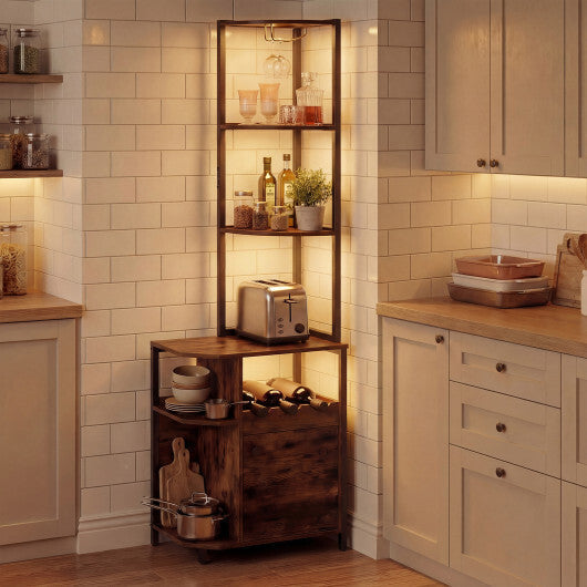 6-Tier Corner Bar Cabinet with LED Lights and Charging Station for Kitchen-Rustic Brown W2B