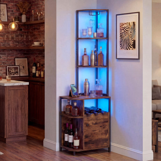 6-Tier Corner Bar Cabinet with LED Lights and Charging Station for Kitchen-Rustic Brown W2B