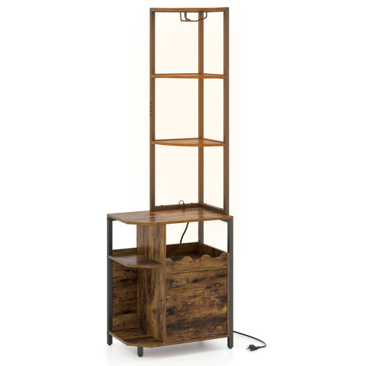 6-Tier Corner Bar Cabinet with LED Lights and Charging Station for Kitchen-Rustic Brown W2B