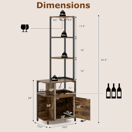 6-Tier Corner Bar Cabinet with LED Lights and Charging Station for Kitchen-Rustic Brown W2B