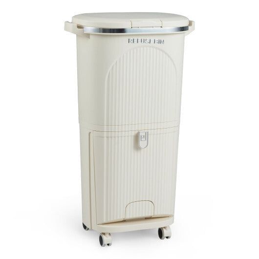 10 Gallon Kitchen Trash Can Double-Layer with Lid and 2 Removable Buckets-Beige W2B