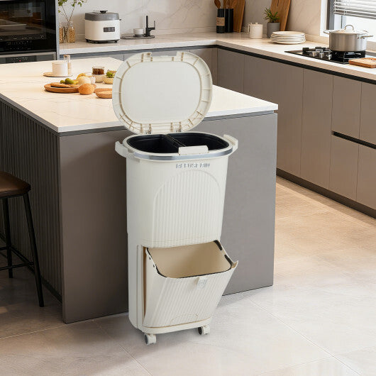 10 Gallon Kitchen Trash Can Double-Layer with Lid and 2 Removable Buckets-Beige W2B