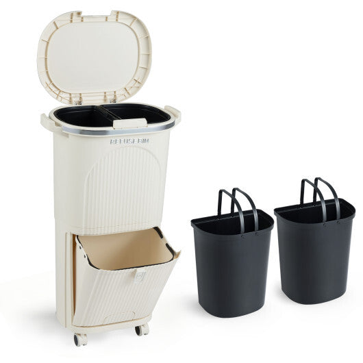 10 Gallon Kitchen Trash Can Double-Layer with Lid and 2 Removable Buckets-Beige W2B