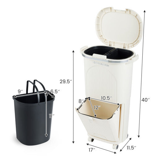 10 Gallon Kitchen Trash Can Double-Layer with Lid and 2 Removable Buckets-Beige W2B
