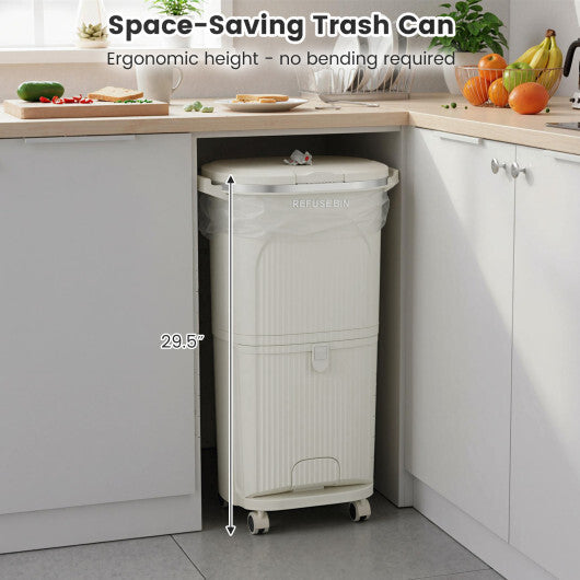 10 Gallon Kitchen Trash Can Double-Layer with Lid and 2 Removable Buckets-Beige W2B