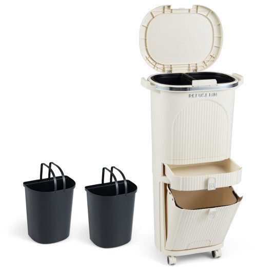 11 Gallon 3-Layer Kitchen Trash Can with Lid and 2 Removable Buckets-Beige W2B
