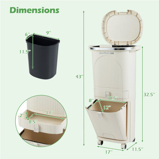 11 Gallon 3-Layer Kitchen Trash Can with Lid and 2 Removable Buckets-Beige W2B