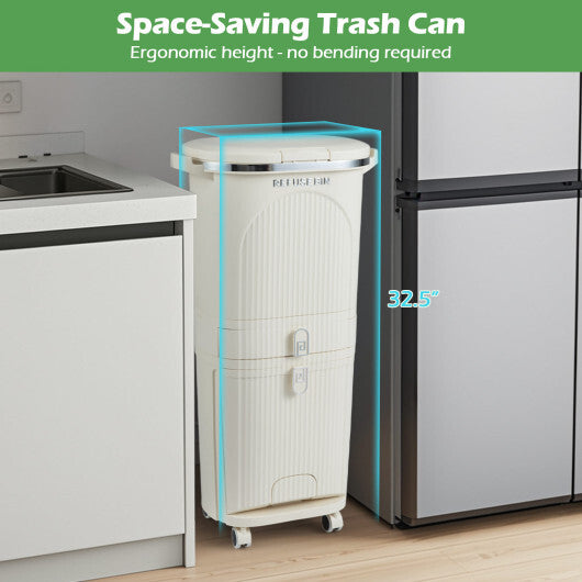 11 Gallon 3-Layer Kitchen Trash Can with Lid and 2 Removable Buckets-Beige W2B