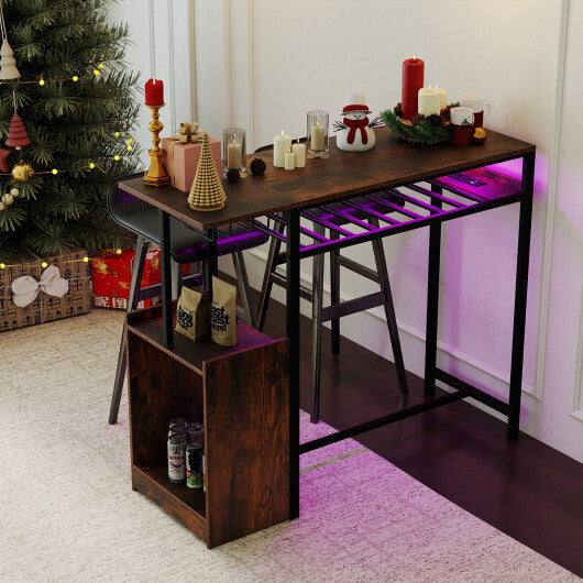 Rectangular Bar Table with Charging Station and LED Light-Rustic Brown W2B