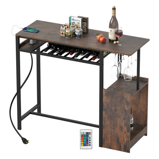 Rectangular Bar Table with Charging Station and LED Light-Rustic Brown W2B
