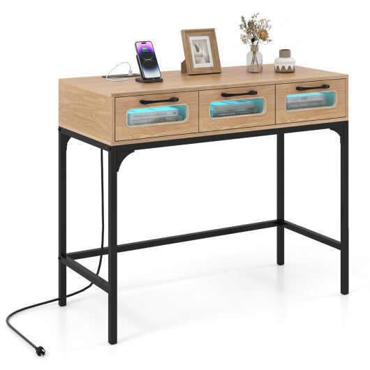 Console Table with LED Lighting and Charging Station for Living Room and Hallway-White W2B