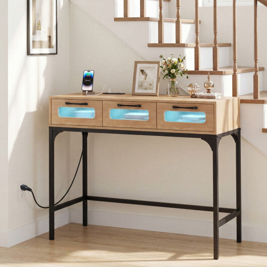 Console Table with LED Lighting and Charging Station for Living Room and Hallway-White W2B