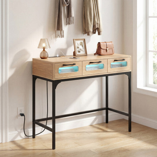 Console Table with LED Lighting and Charging Station for Living Room and Hallway-White W2B