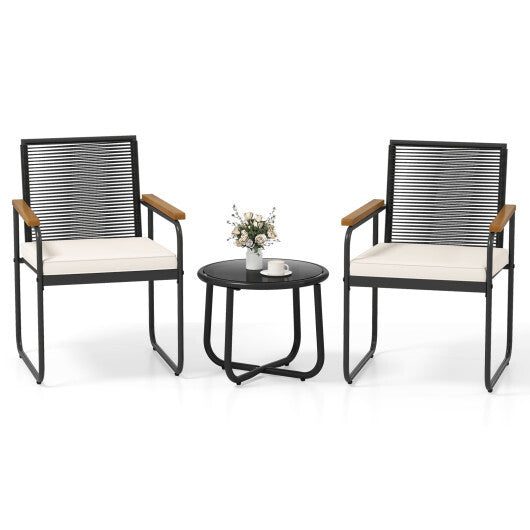 3 Pieces Patio Furniture Set PE Rattan Porch Chairs with Round Tempered Glass Top Table-White W2B