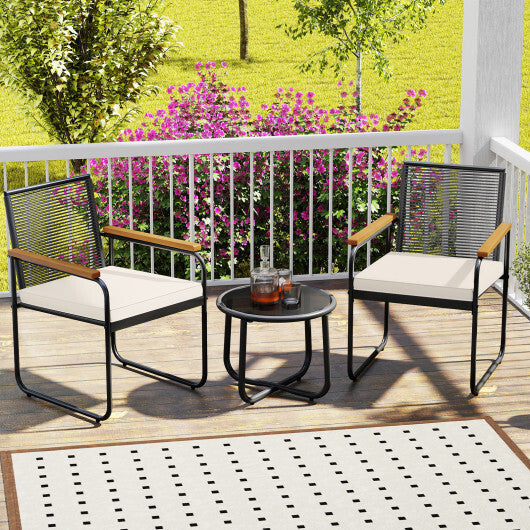 3 Pieces Patio Furniture Set PE Rattan Porch Chairs with Round Tempered Glass Top Table-White W2B