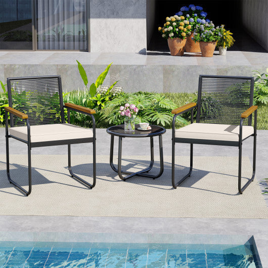 3 Pieces Patio Furniture Set PE Rattan Porch Chairs with Round Tempered Glass Top Table-White W2B