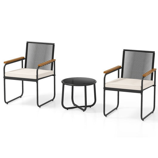 3 Pieces Patio Furniture Set PE Rattan Porch Chairs with Round Tempered Glass Top Table-White W2B