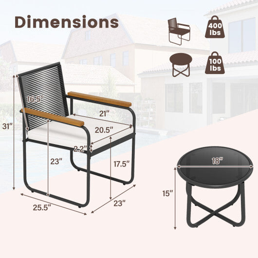 3 Pieces Patio Furniture Set PE Rattan Porch Chairs with Round Tempered Glass Top Table-White W2B