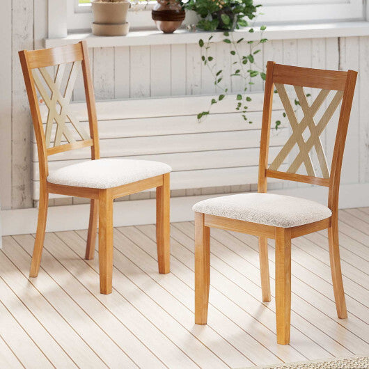 Linen Fabric Upholstered Wooden Dining Chair Set of 2 with Rubber Wood Frame for Dining Room-Natural