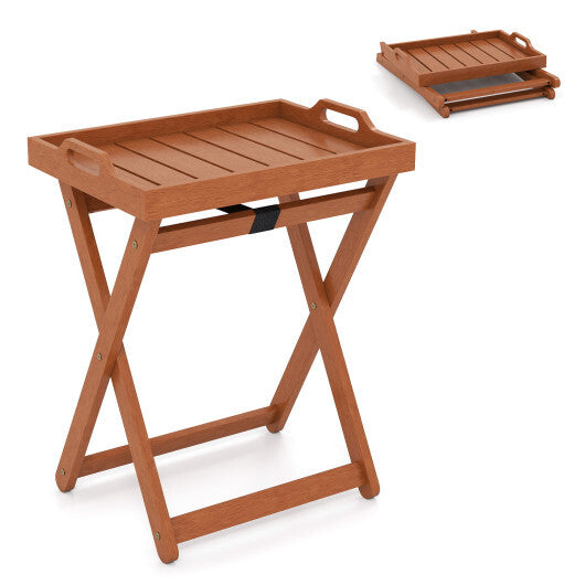 Outdoor Wood Tray Table Portable Side End Table with Folding Frame