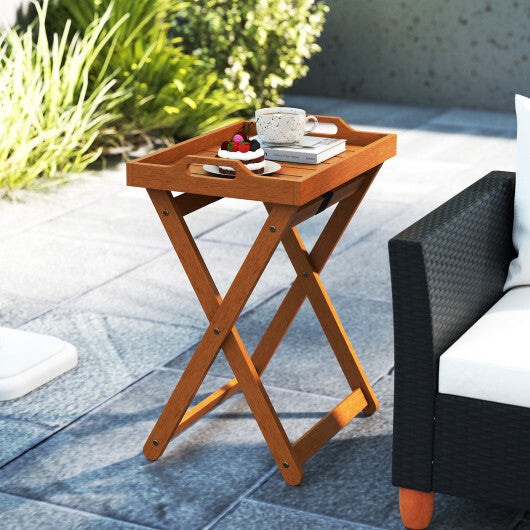 Outdoor Wood Tray Table Portable Side End Table with Folding Frame