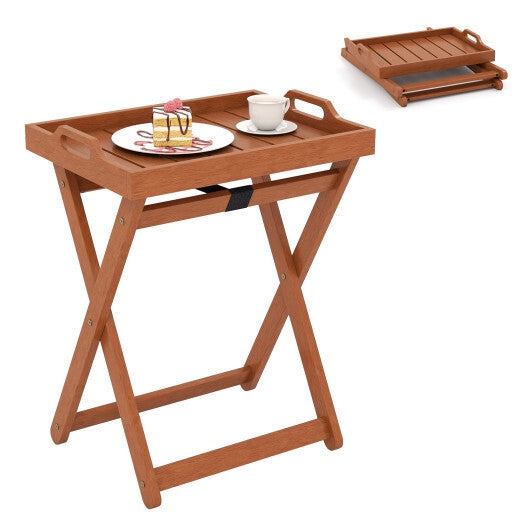 Outdoor Wood Tray Table Portable Side End Table with Folding Frame