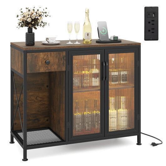 Buffet Sideboard with Doors Power Outlets and LED Light-Rustic Brown W2B