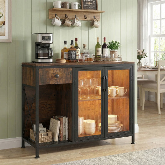 Buffet Sideboard with Doors Power Outlets and LED Light-Rustic Brown W2B