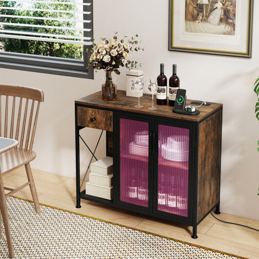 Buffet Sideboard with Doors Power Outlets and LED Light-Rustic Brown W2B