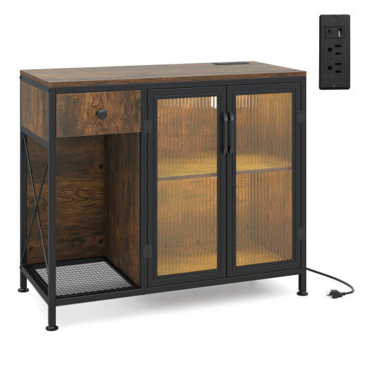Buffet Sideboard with Doors Power Outlets and LED Light-Rustic Brown W2B