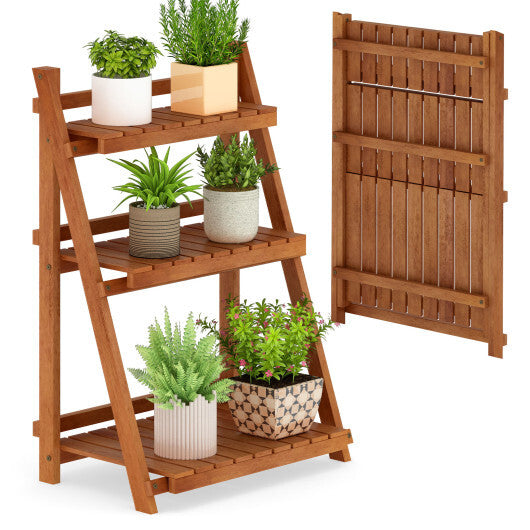 Foldable 3-Tier Solid Wood Plant Stand for Patio Balcony W2B
