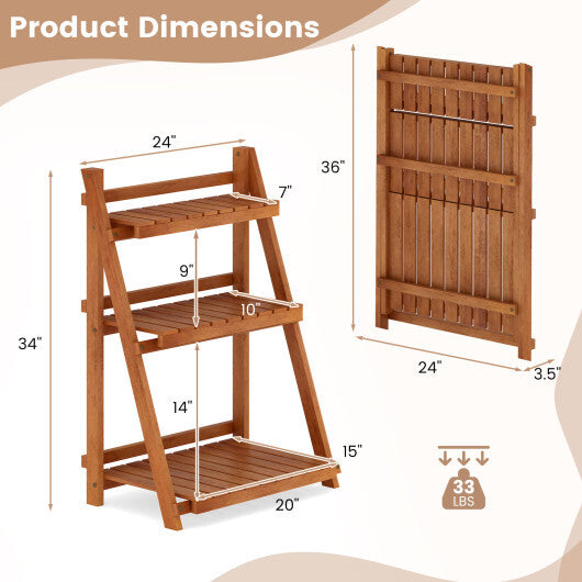 Foldable 3-Tier Solid Wood Plant Stand for Patio Balcony W2B