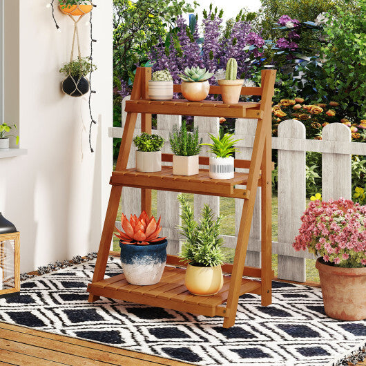 Foldable 3-Tier Solid Wood Plant Stand for Patio Balcony W2B