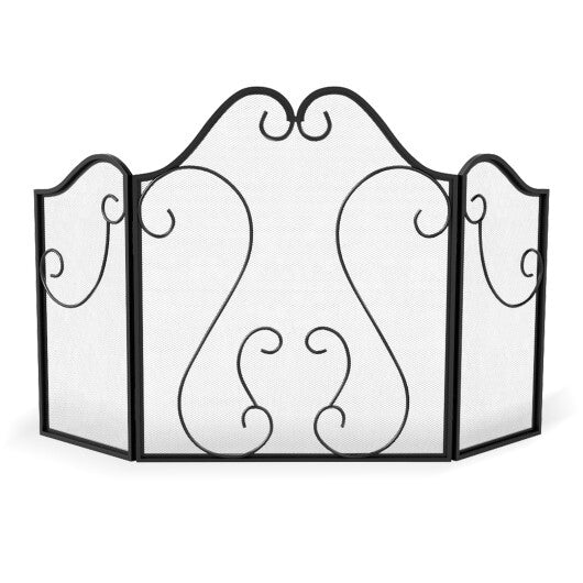 3 Panel Fireplace Screen Foldable Spark Guard Cover with Decorative Scroll W2B
