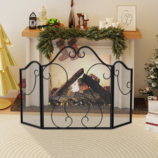 3 Panel Fireplace Screen Foldable Spark Guard Cover with Decorative Scroll W2B