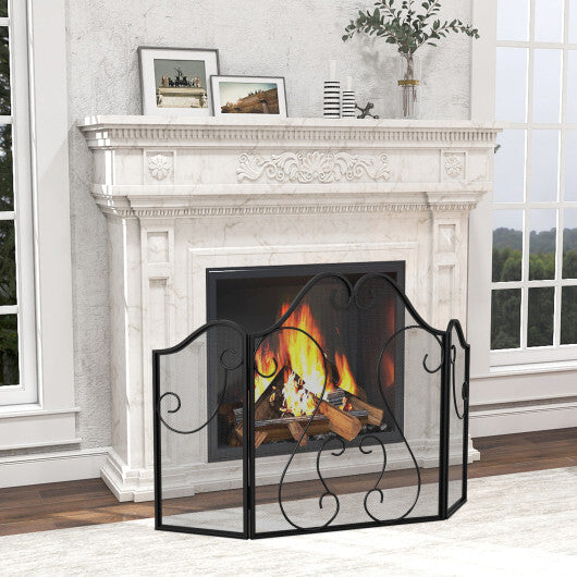 3 Panel Fireplace Screen Foldable Spark Guard Cover with Decorative Scroll W2B